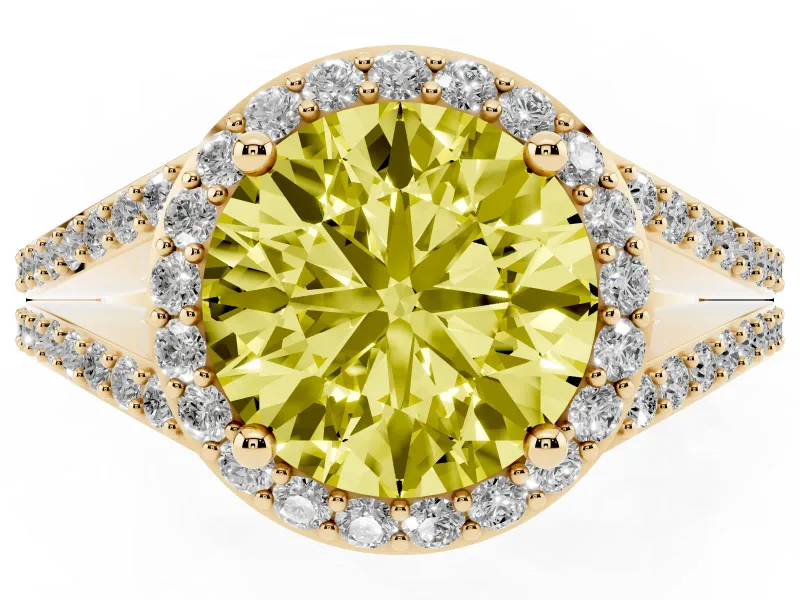 Round Halo Engagement Ring Setting for a Fancy Yellow Lab-Grown Diamond | Pave Split Shank | Yellow Gold