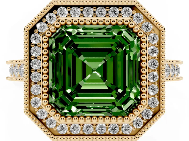 Asscher Cut Vintage Milgrain Halo Engagement Ring Setting for a Fancy Green Lab-Grown Diamond | Bezel Head | Yellow Gold
