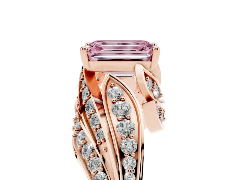 Emerald Cut Bypass Hidden Halo Engagement Ring Setting for a Fancy Pink Lab-Grown Diamond | Graduated Pavé | Rose Gold