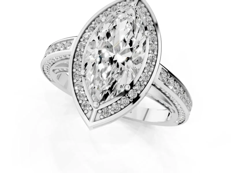 Marquise Cut Diamond Halo Pavé Split Shank Ring Set in Silver with Prong Setting