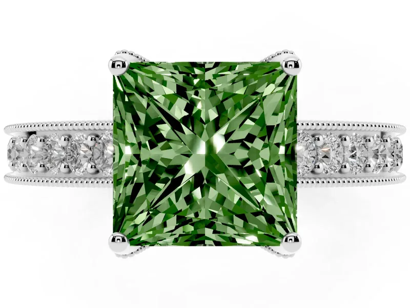 Princess Cut Hidden Halo Engagement Ring Setting for a Fancy Green Lab-Grown Diamond | Milgrain Pave | Platinum