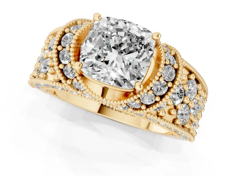 Cushion Cut Vintage Milgrain Pave Engagement Ring Setting | Crescent Side Rows | Yellow Gold