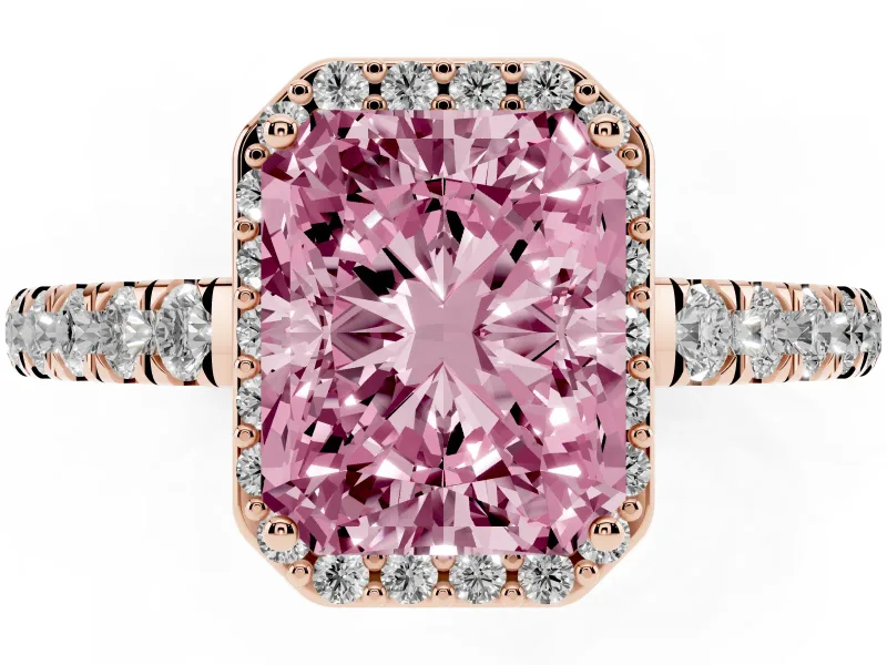 Fancy Pink Radiant Cut Diamond Halo Engagement Ring Set in Rose gold with Pavé Band and Prong Setting