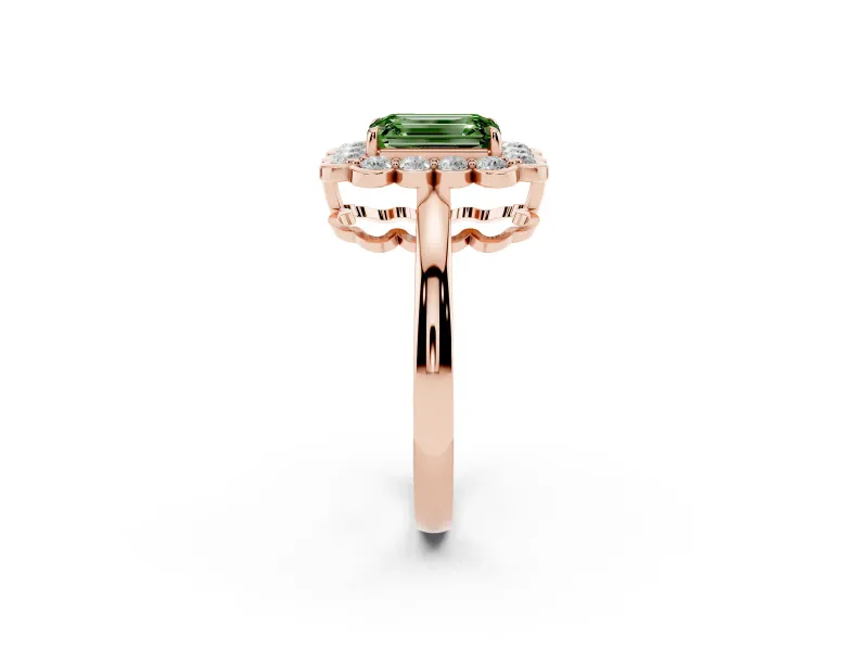 Emerald Cut Scalloped Cluster Halo Engagement Ring Setting for a Fancy Green Lab-Grown Diamond | Plain Band | Rose Gold