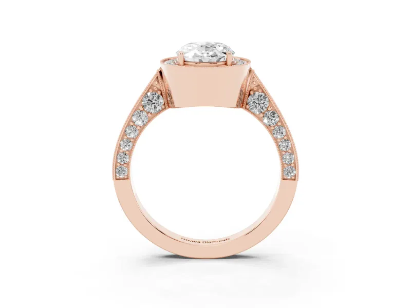 Oval Vintage Milgrain Halo Engagement Ring Setting | Side Stones and Pave | Rose Gold