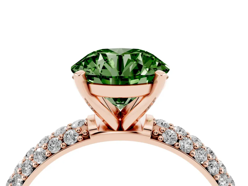 Fancy Green Round Cut Diamond Solitaire Ring Set in Rose gold with Prong Setting and Pavé-Set Band