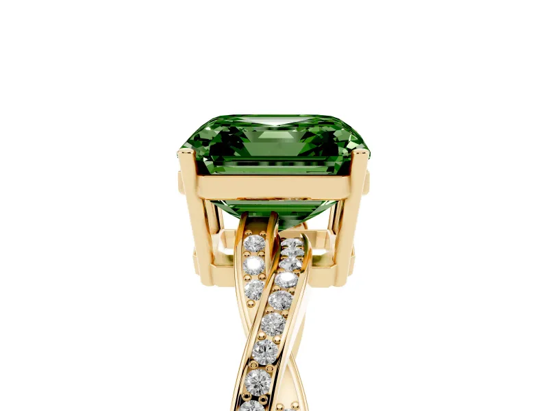 Fancy Green Asscher Cut Diamond Solitaire Twisted Pavé Ring Set in Yellow gold with Prong Setting
