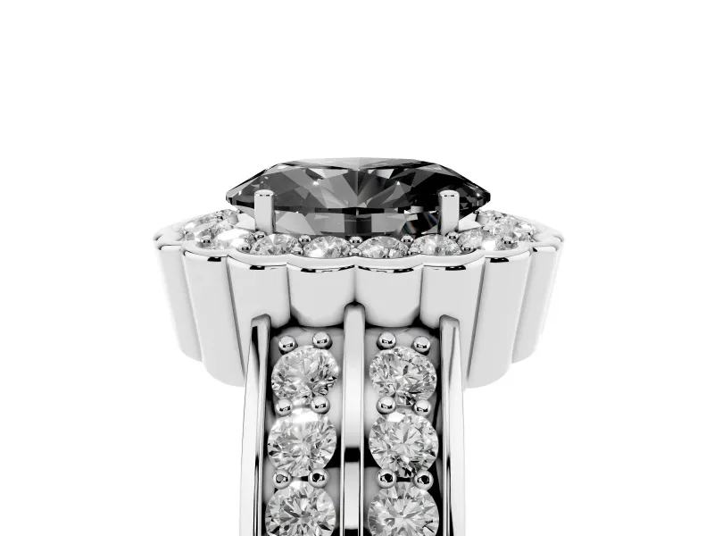 Fancy Black Oval Cut Diamond Scalloped Halo Ring Set in Platinum with Pavé Split Shank