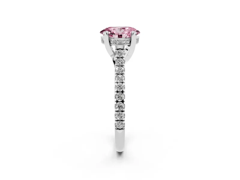 Oval Hidden Halo Pave Engagement Ring Setting for a Fancy Pink Lab-Grown Diamond | Claw Prongs | White Gold