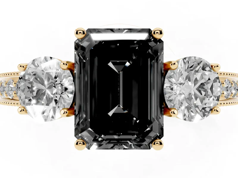 Emerald Cut Vintage Three Stone Engagement Ring Setting for a Black Center | Graduated Milgrain Pavé | Yellow Gold