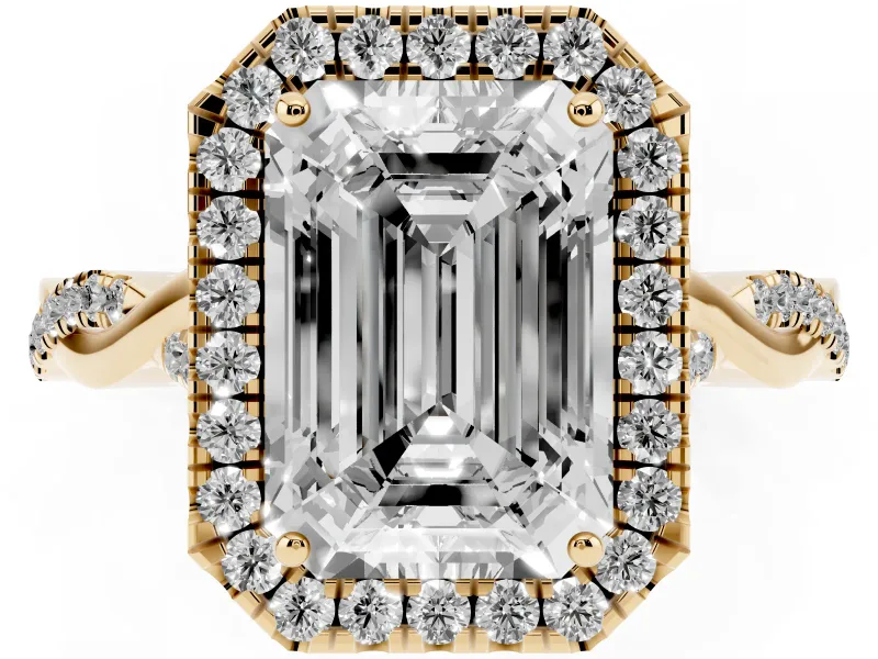 Emerald Cut Halo Engagement Ring Setting | Pavé Twist Band | Yellow Gold