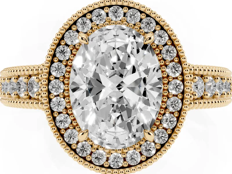 Oval Cut Diamond Halo Ring Set in Yellow gold with Round Accent Halo, Pavé Band and Prong Setting