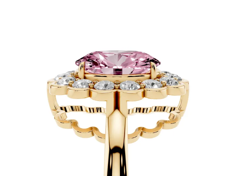 Oval Scalloped Cluster Halo Engagement Ring Setting for a Fancy Pink Lab-Grown Diamond | Plain Band | Yellow Gold