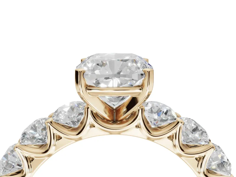 Cushion Cut Side Stone Engagement Ring Setting | Scalloped Prong Accents | Yellow Gold