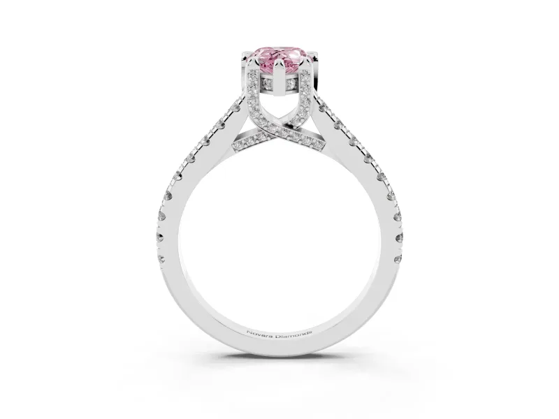 Fancy Pink Pear Cut Diamond Solitaire Ring Set in Silver with Brilliant Pavé Band and Prong Setting