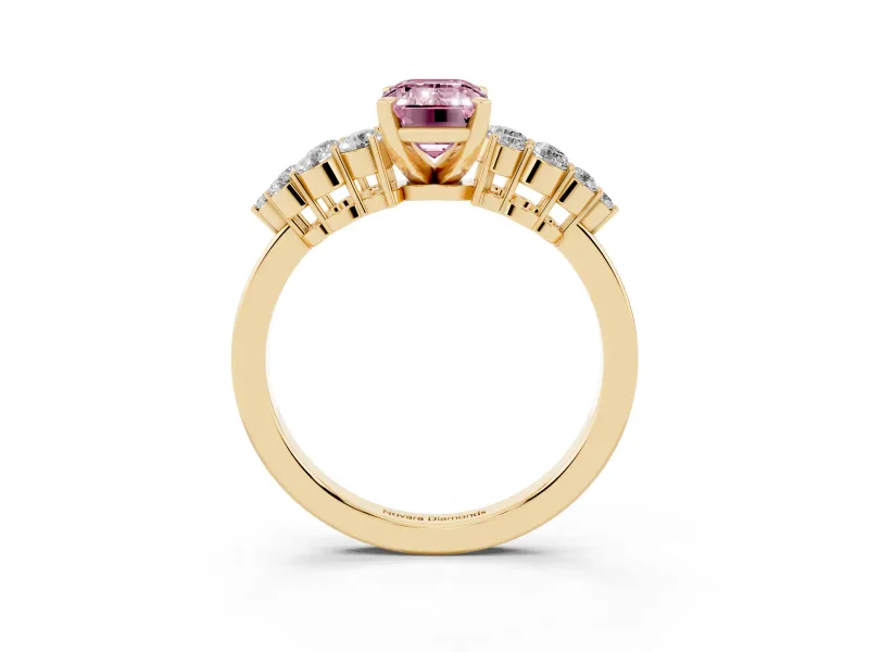 Emerald Cut Side Stone Engagement Ring Setting for a Fancy Pink Lab-Grown Diamond | Shoulder Clusters | Yellow Gold