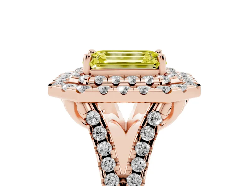 Emerald Cut Halo Split Shank Engagement Ring Setting for a Fancy Yellow Lab-Grown Diamond | Pavé Strands | Rose Gold