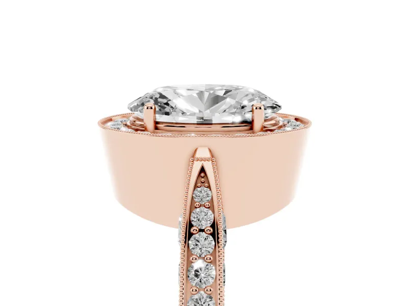 Oval Vintage Milgrain Halo Engagement Ring Setting | Side Stones and Pave | Rose Gold