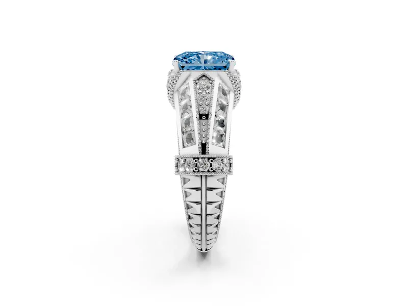 Fancy Blue Radiant Cut Diamond Vintage-Inspired Milgrain Ring Set in White gold with Accent Split Shank