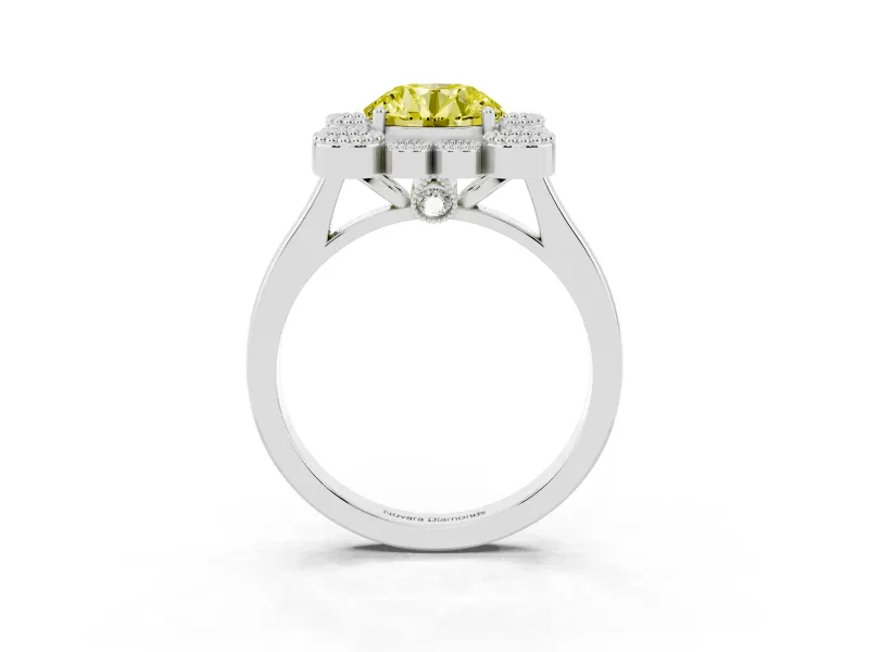 Round Milgrain Cluster Halo Engagement Ring Setting for a Fancy Yellow Lab-Grown Diamond | Plain Band | White Gold