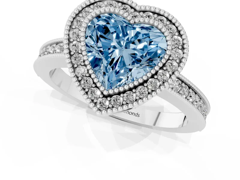 Fancy Blue Heart Cut Diamond Round Halo Ring Set in Silver with Pavé Band