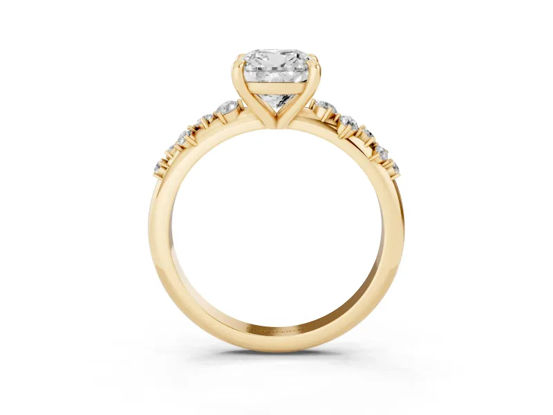 Cushion Cut Diamond Solitaire Vine Band Ring Set in Yellow gold with Round Accents and Prong Setting
