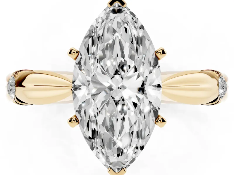 Marquise Cut Diamond Solitaire Twisted Band Ring Set in Yellow gold with Accent Stones and Prong Setting