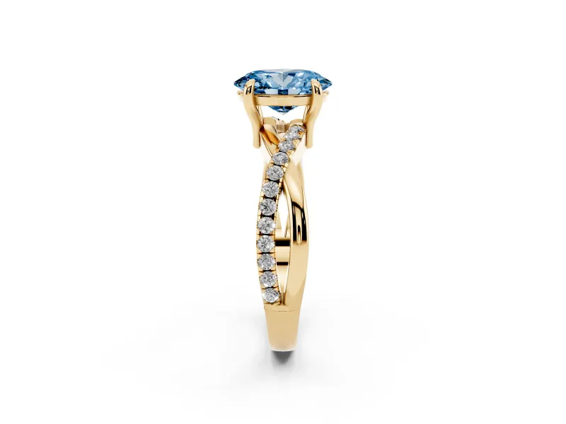 Fancy Blue Oval Cut Diamond Twist Band Solitaire Set in Yellow gold with Pavé Accents and Prong Setting