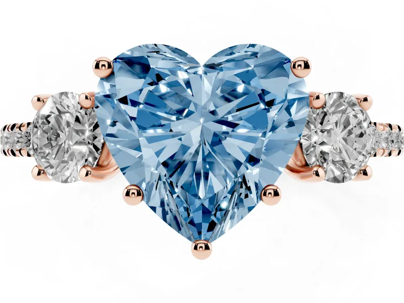 Heart-Shaped Three Stone Engagement Ring Setting for a Fancy Blue Lab-Grown Diamond | Pave Shoulders | Rose Gold