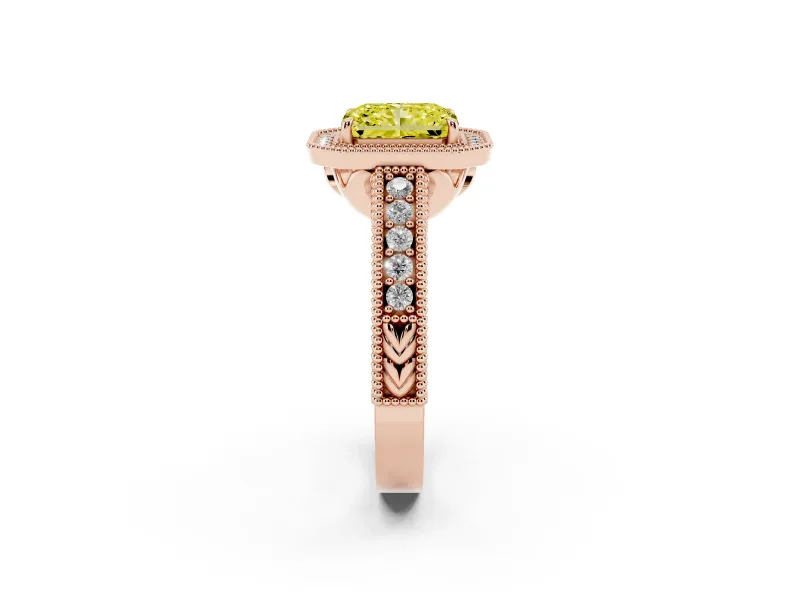 Fancy Yellow Radiant Cut Diamond Halo Ring Set in Rose gold with Round Accent Halo, Pavé Band and Prong Setting