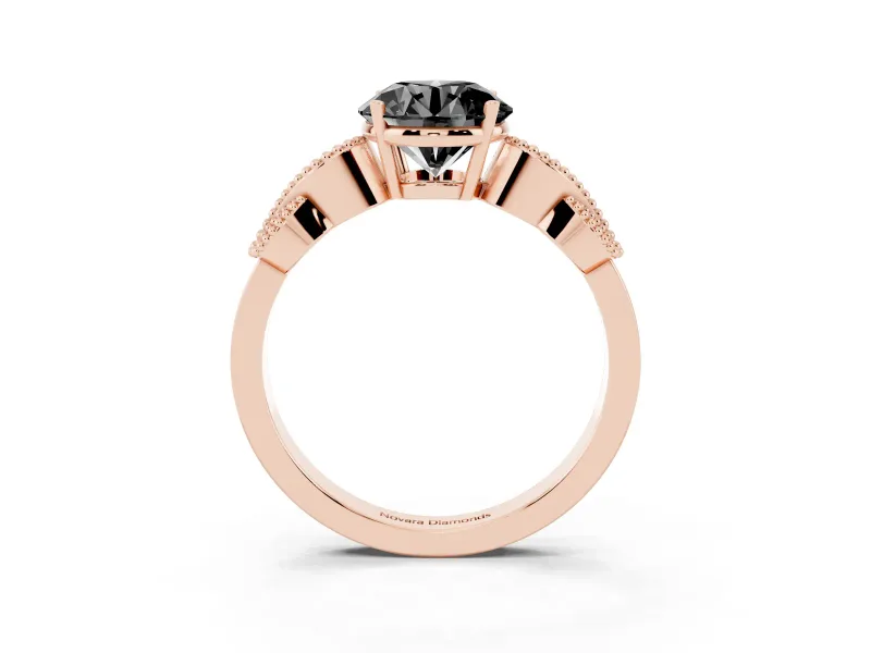 Fancy Black Round Cut Diamond Milgrain Leaf Band Solitaire Ring Set in Rose gold with Accent Stones and Prong Setting