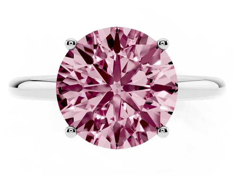 Fancy Pink Round Cut Diamond Solitaire Engagement Ring Set in Silver with Prong Setting and Polished Band