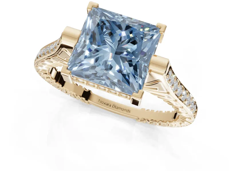 Princess Cut Vintage Cathedral Engagement Ring Setting for a Fancy Blue Lab-Grown Diamond | Carved Band | Yellow Gold