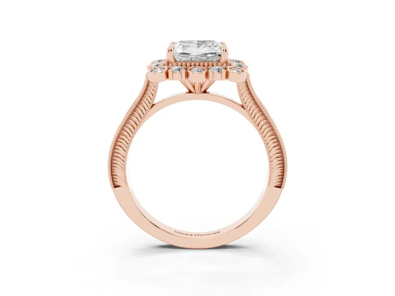 Princess Cut Vintage Scalloped Halo Engagement Ring Setting | Milgrain Pavé Band | Rose Gold