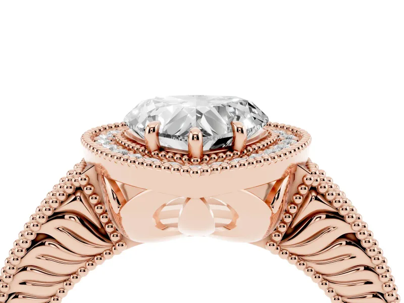 Heart Cut Diamond Halo Ring Set in Rose gold with Round Accent Halo, Pavé Band and Prong Setting