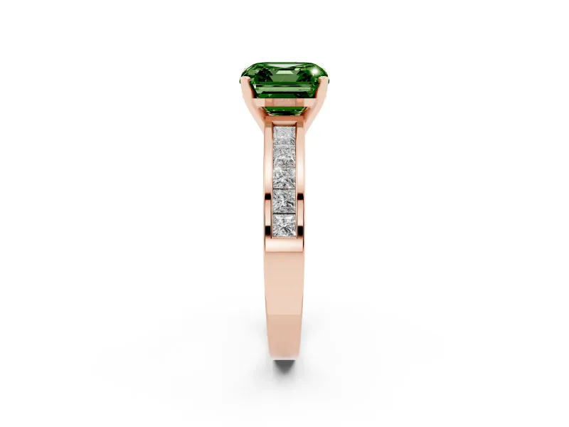 Fancy Green Asscher Cut Diamond Solitaire Ring Set in Rose gold with Channel-Set Band and Prong Setting