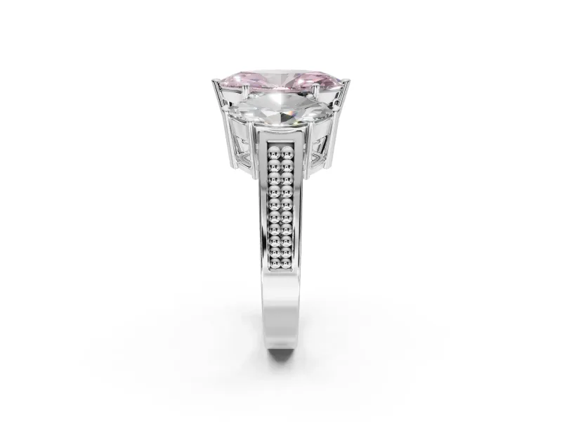 Marquise Three Stone Engagement Ring Setting for a Fancy Pink Lab-Grown Diamond | Beaded Shoulders | Sterling Silver