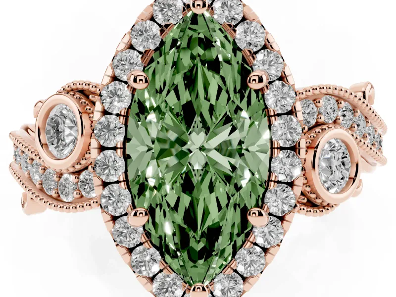 Fancy Green Marquise Cut Diamond Halo Ring Set in Rose gold with Milgrain Pavé Band and Prong Setting
