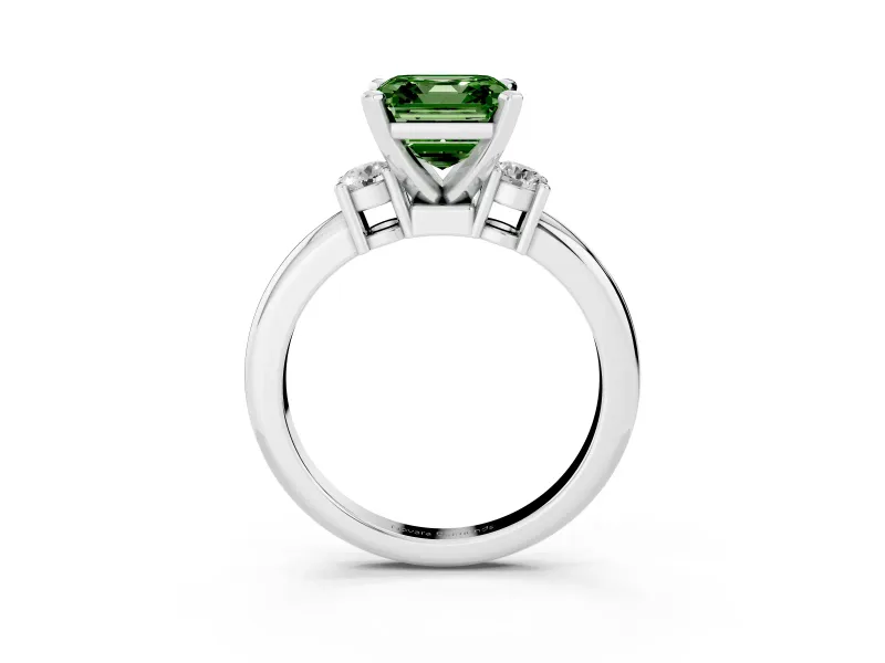 Fancy Green Three-Stone Asscher Cut Diamond Ring Set in Platinum with Prong Setting and Plain Band