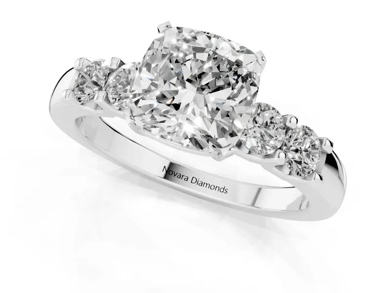 Cushion Cut Diamond Five-Stone Prong Set Engagement Ring Set in Platinum with Channel Band