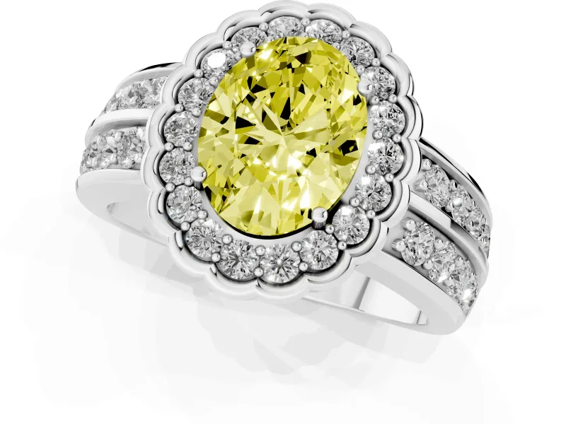 Fancy Yellow Oval Cut Diamond Scalloped Halo Ring Set in White gold with Pavé Split Shank