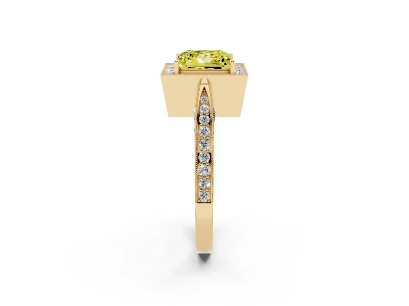 Princess Cut Milgrain Halo Engagement Ring Setting for a Fancy Yellow Lab-Grown Diamond | Side Stones | Yellow Gold