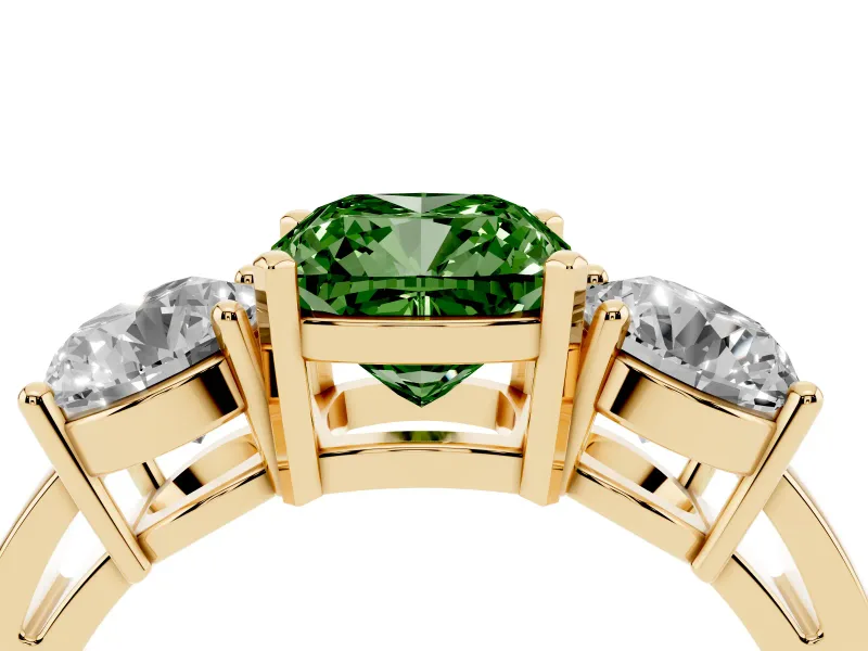 Cushion Cut Three Stone Engagement Ring Setting for a Fancy Green Lab-Grown Diamond | Wide Plain Band | Yellow Gold