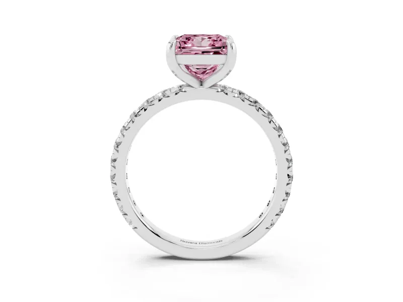 Fancy Pink Princess Cut Diamond Pavé Solitaire Ring Set in Platinum with Round Band and Prong Setting