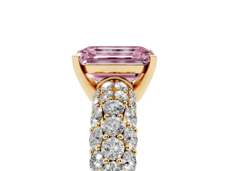 Emerald Cut Multi Row Pave Engagement Ring Setting for a Fancy Pink Lab-Grown Diamond | Yellow Gold