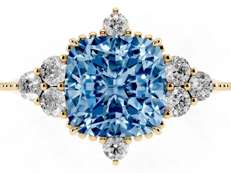 Cushion Cut Cluster Engagement Ring Setting for a Fancy Blue Lab-Grown Diamond | Yellow Gold