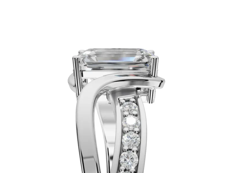 Emerald Cut Bypass Solitaire Engagement Ring Setting | Pavé and Plain Strands | Platinum