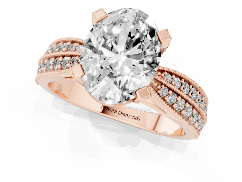 Oval Milgrain Solitaire Engagement Ring Setting | Graduated Double Row Pave | Rose Gold