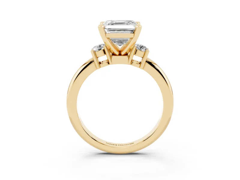 Three-Stone Asscher Cut Diamond Ring Set in Yellow gold with Prong Setting and Plain Band