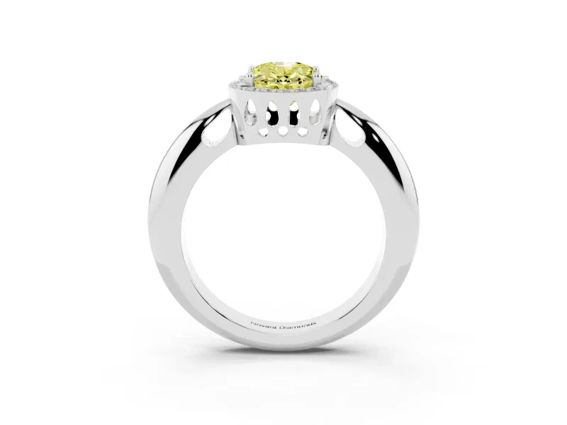 Fancy Yellow Oval Cut Diamond Halo Engagement Ring Set in White gold with Plain Split Shank and Prong Setting